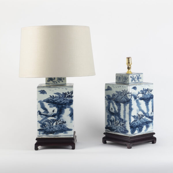 Pair Chinese Large Blue and White Porcelain Rectangular Lamps