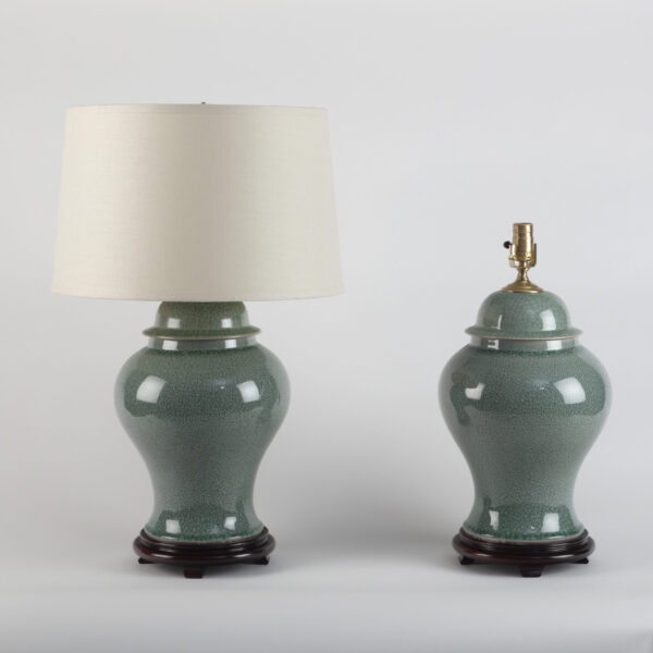 Pair of Chinese Crackle Celadon Porcelain Temple Jar Lamps. 20th Century