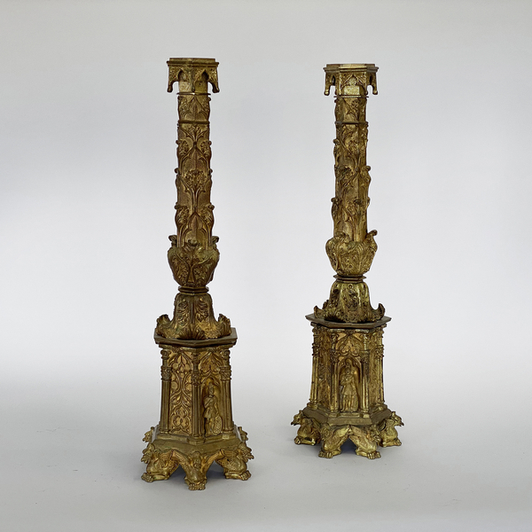 Pair of Bronze Doree Gothic Candlesticks. Circa 1900