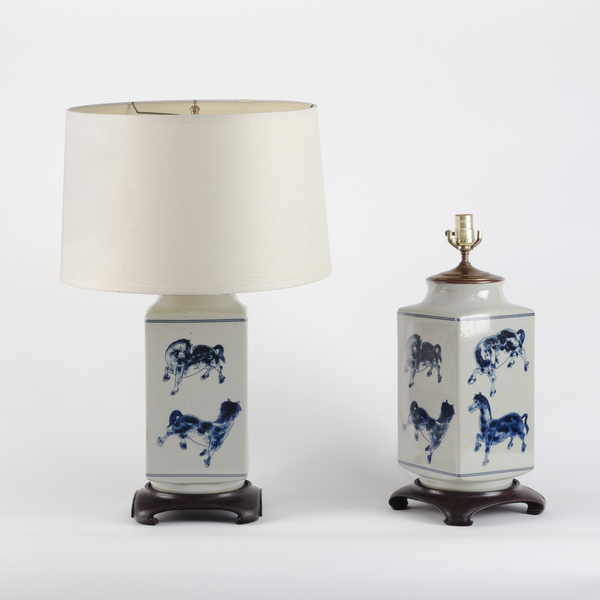 Pair of Unusual Blue and White Lamps of Rectangular Form. 20th Century